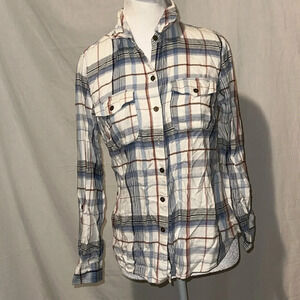 medium p blue mauve white plaid New Directions button down long sleeve shirt